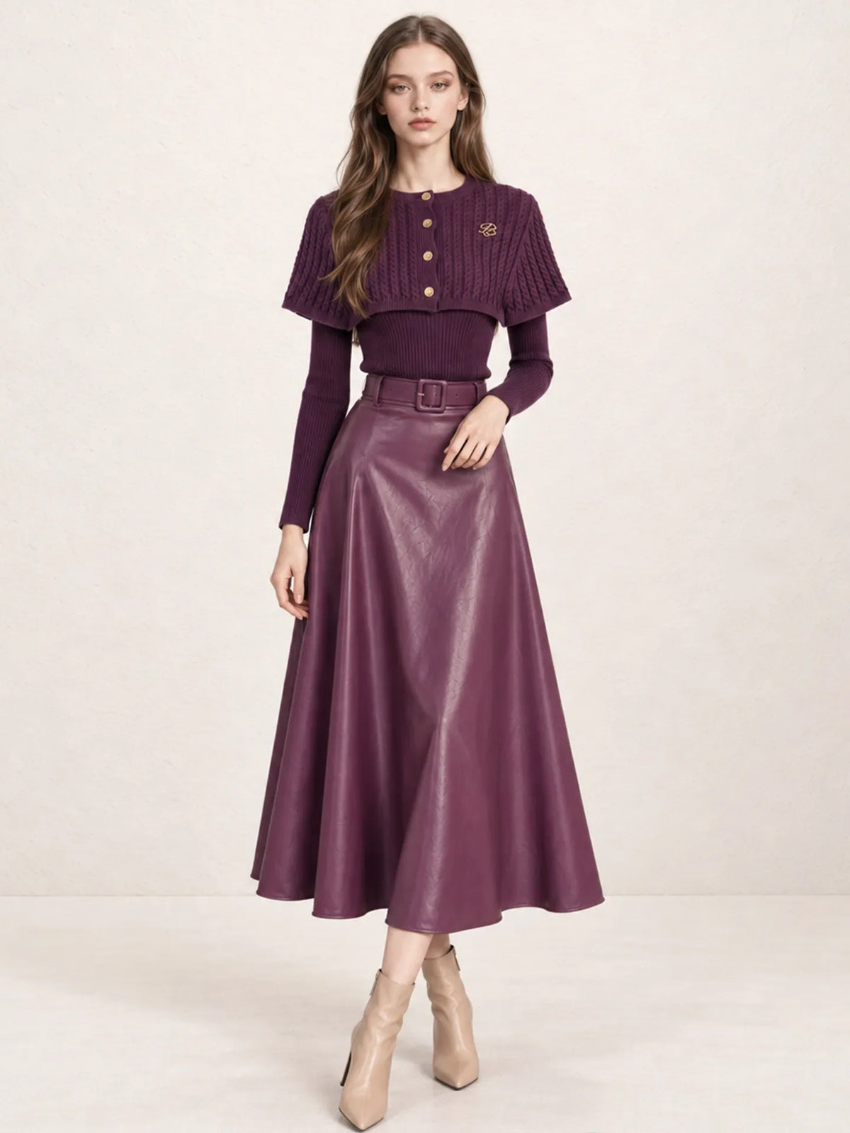 Women's Cape Shawl Knit Sweater and PU Leather Skirt Two-Piece Set – Grape Purple