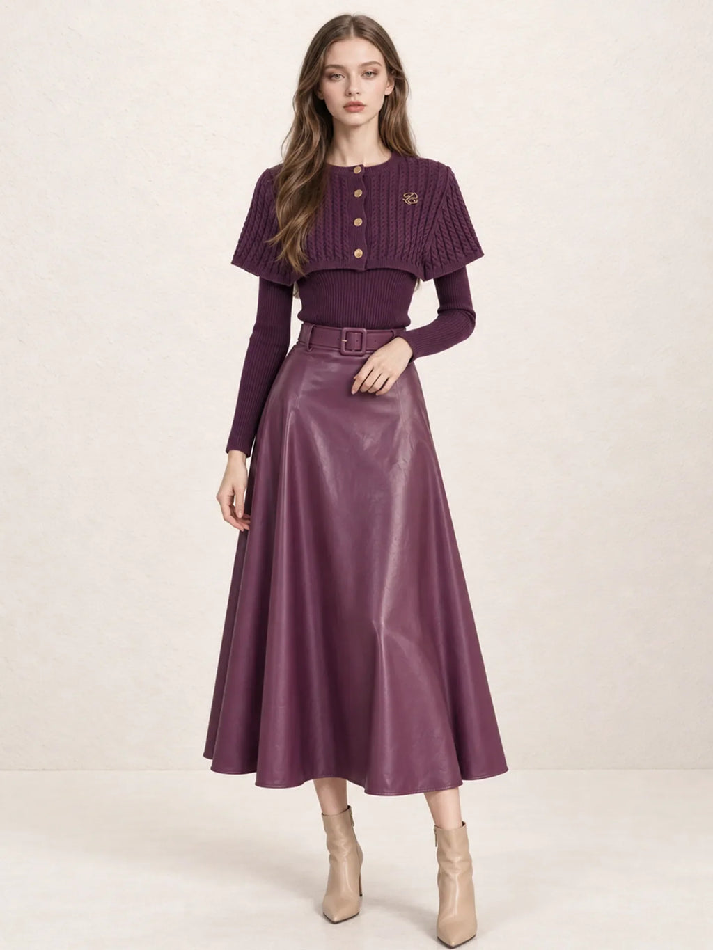 Women's Cape Shawl Knit Sweater and PU Leather Skirt Two-Piece Set – Grape Purple