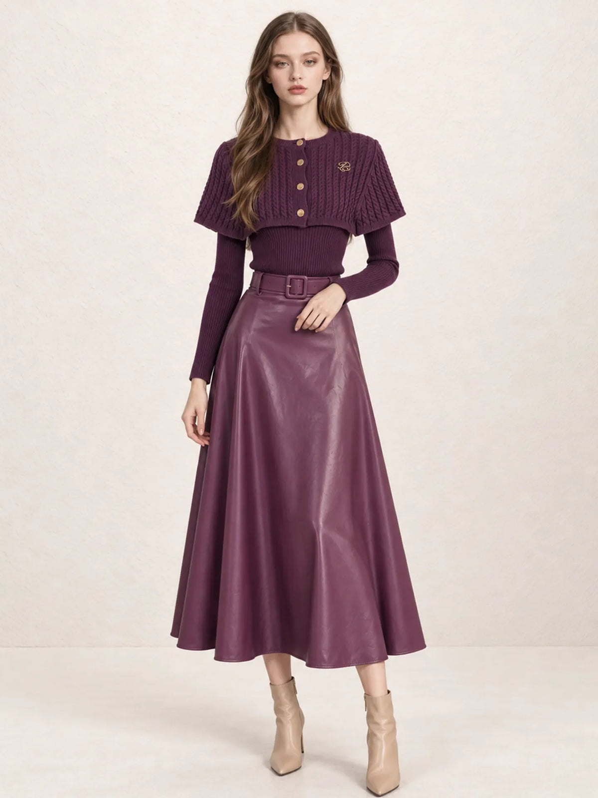 Women's Cape Shawl Knit Sweater and PU Leather Skirt Two-Piece Set – Grape Purple