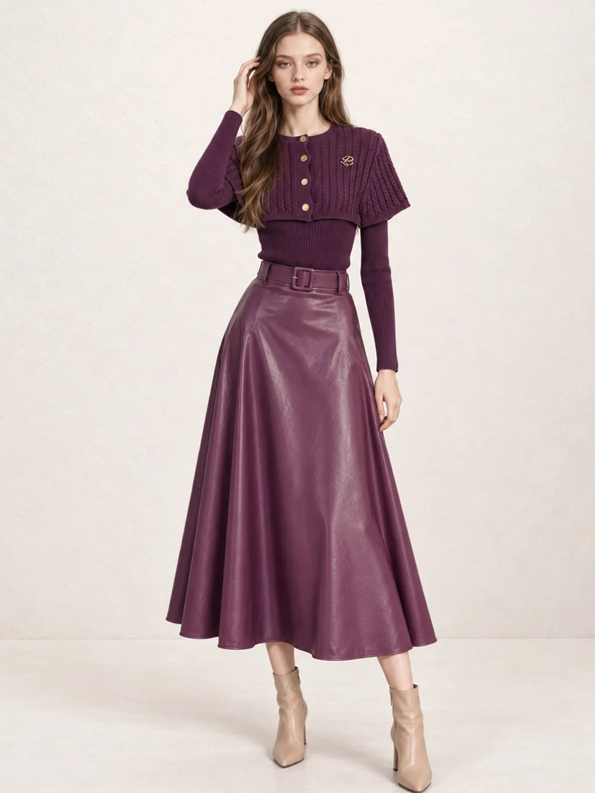 Women's Cape Shawl Knit Sweater and PU Leather Skirt Two-Piece Set – Grape Purple