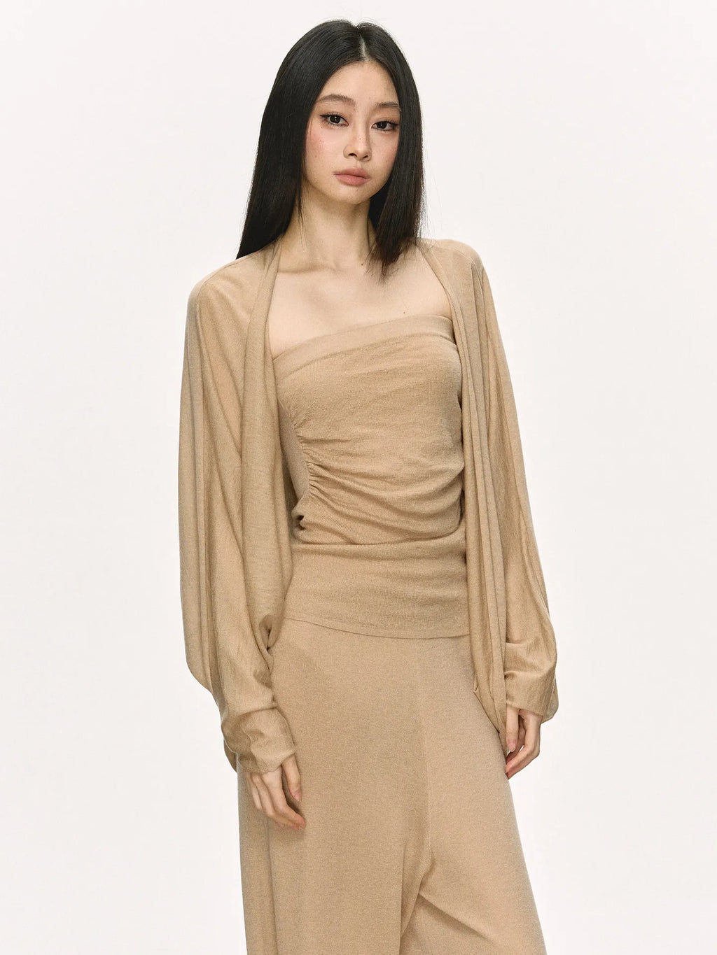 Women's Cardigan Tube Top and Wide-Leg Pants Three-Piece Set
