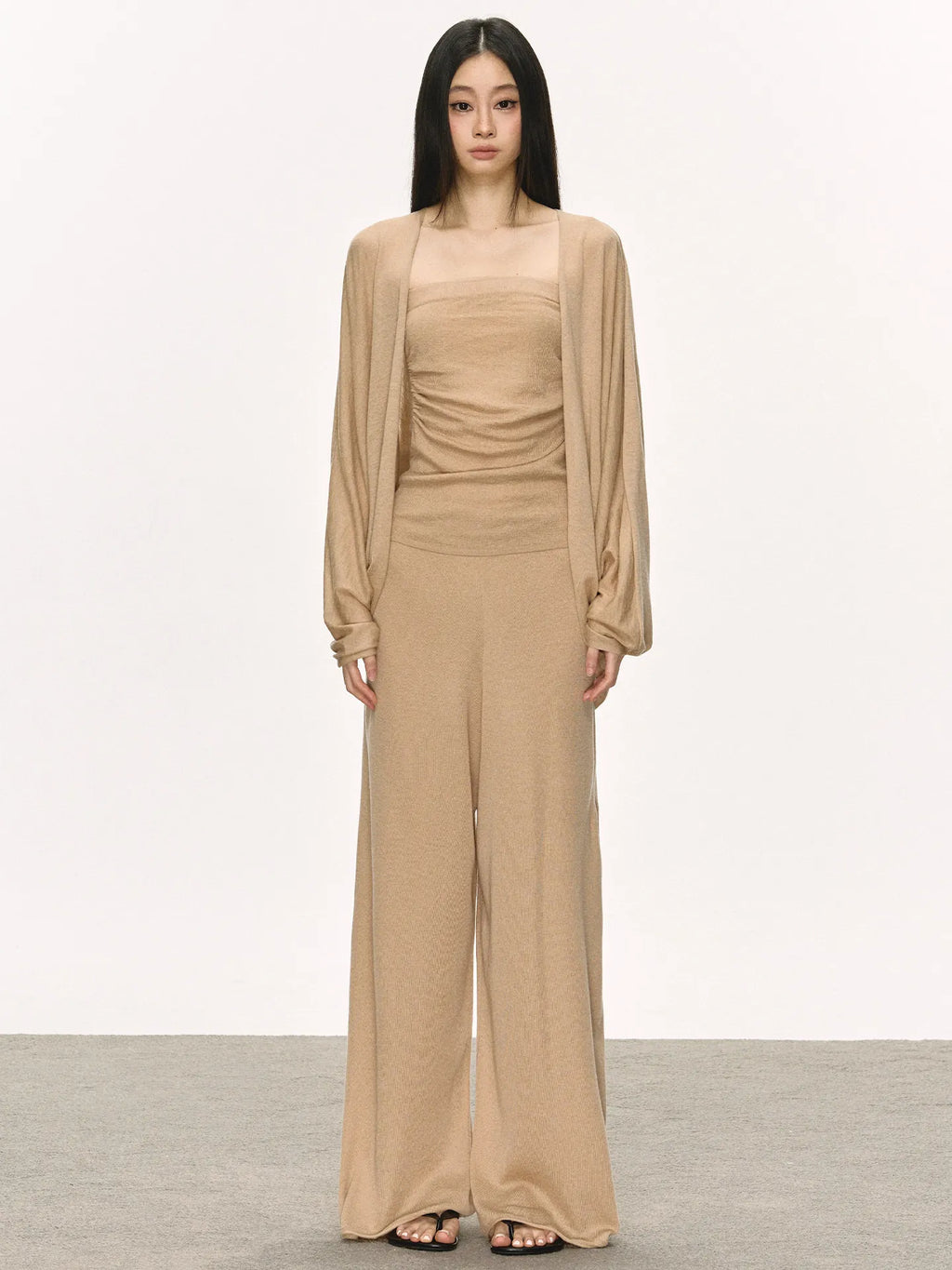 Women's Cardigan Tube Top and Wide-Leg Pants Three-Piece Set
