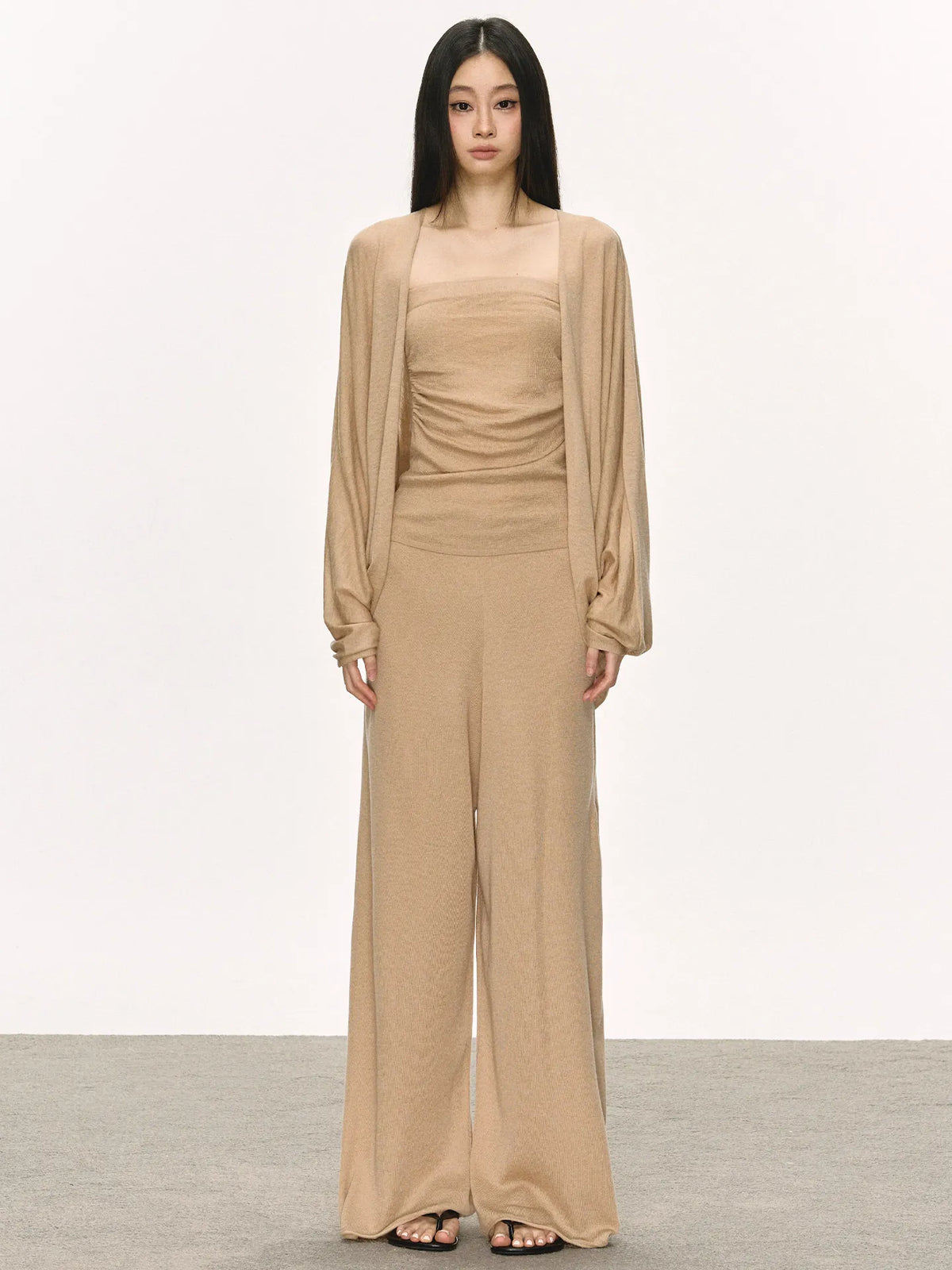 Women's Cardigan Tube Top and Wide-Leg Pants Three-Piece Set