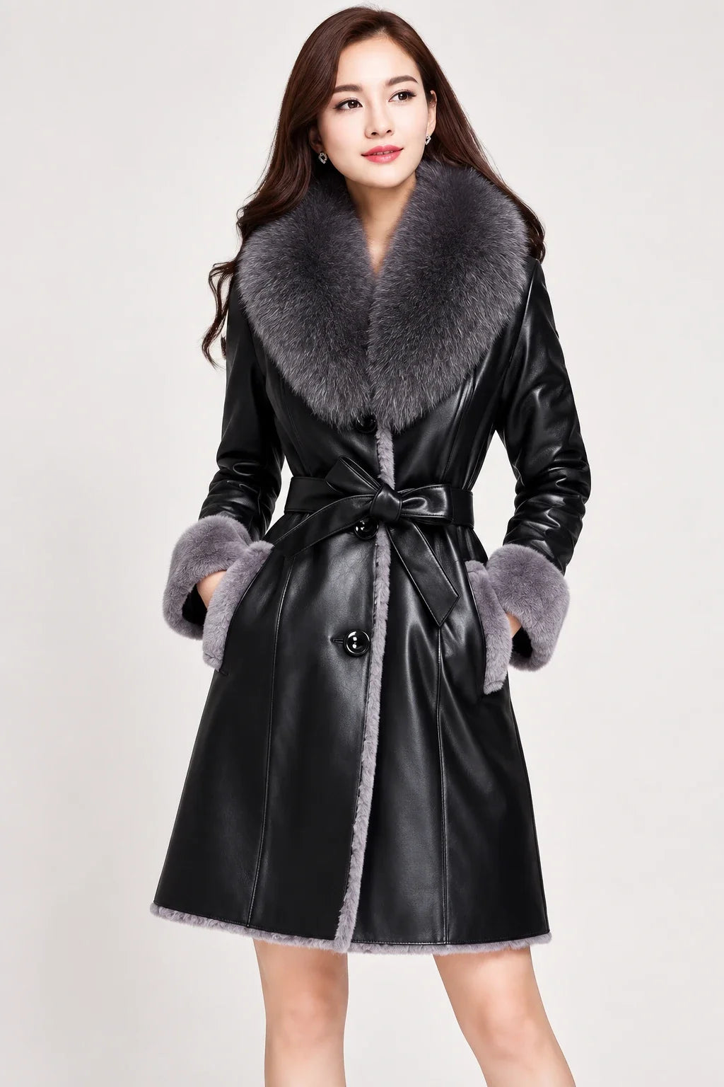 Women's Fleece Lapel Collar Long Trench Coat Jacket