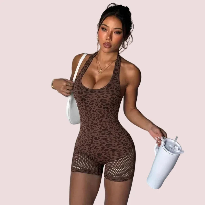 Women's Leopard Print Halter Backless Butt-Lifting Yoga Romper