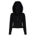 Women's Retro Black Fur Collar Cable Knit Zip Up Sweater Jacket