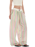 Women's Retro Striped Beaded Waistband Wide Leg Pants