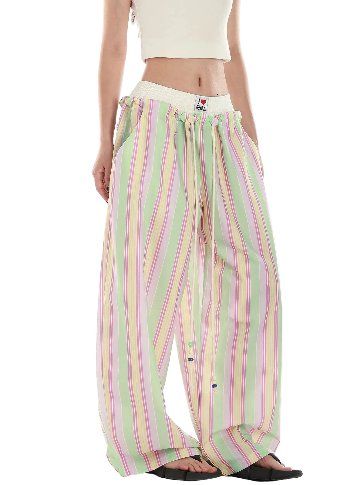 Women's Retro Striped Beaded Waistband Wide Leg Pants