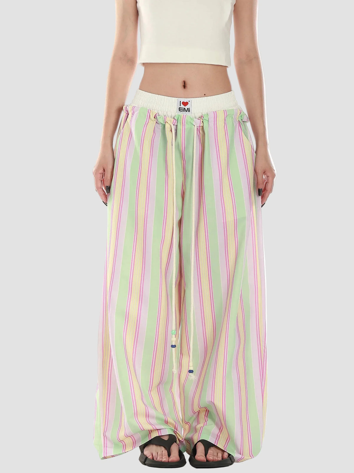 Women's Retro Striped Beaded Waistband Wide Leg Pants
