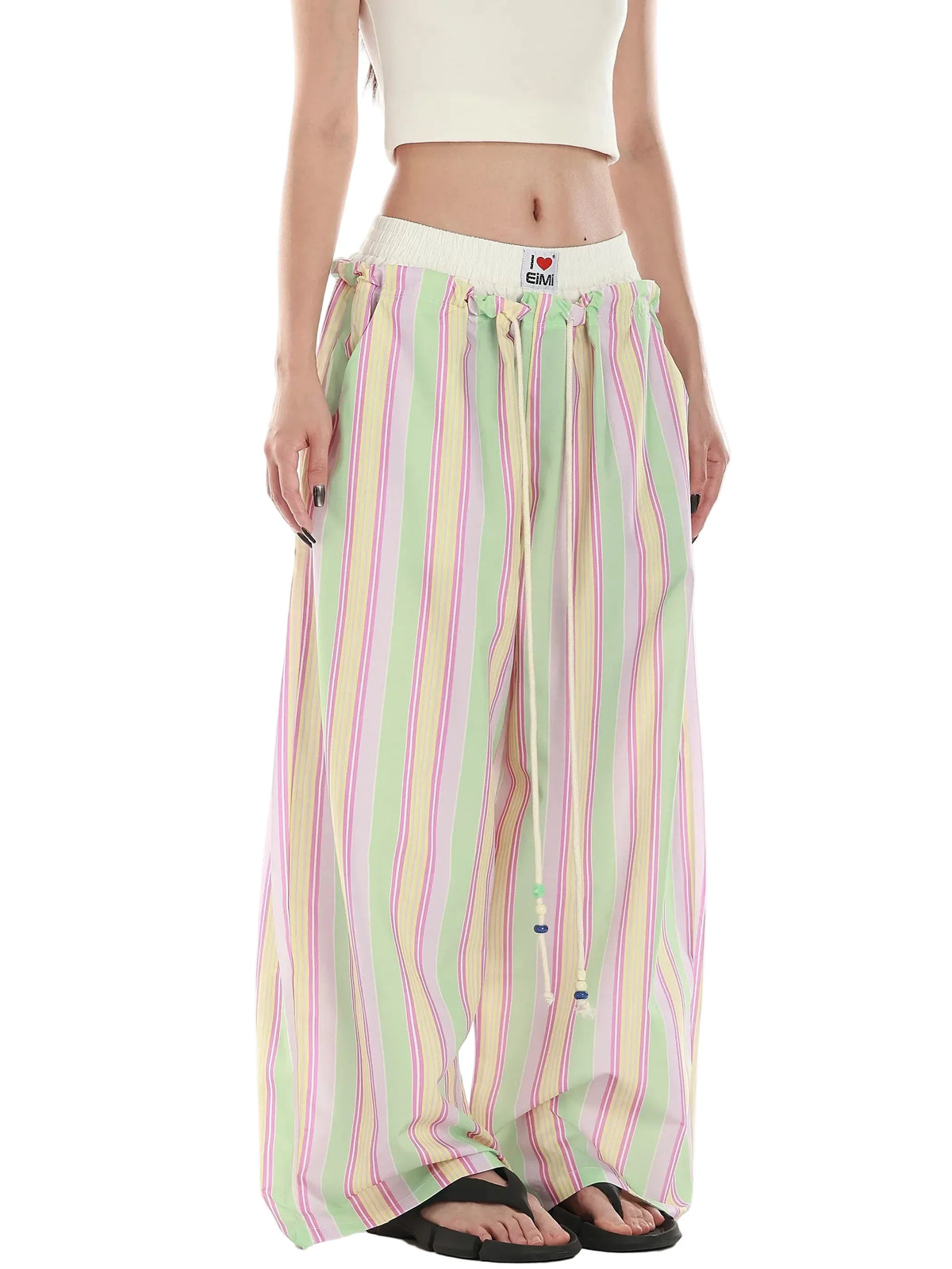Women's Retro Striped Beaded Waistband Wide Leg Pants