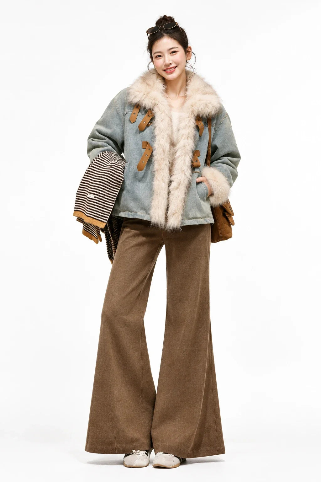 Women's Retro Velvet Denim Jacket and Trousers Two-Piece Set