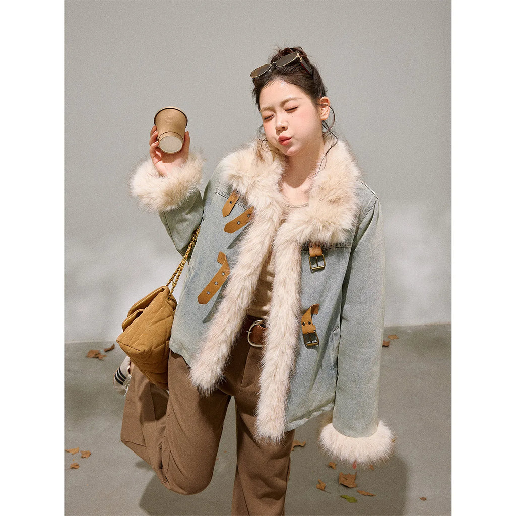Women's Retro Velvet Denim Jacket and Trousers Two-Piece Set