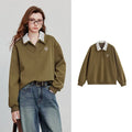 Women's Spliced Velvet Contrast Double Collar Pullover Sweatshirt