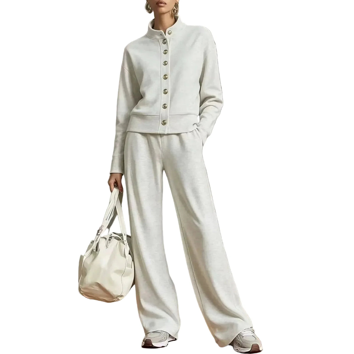 Women's Stand Collar Cardigan Sweatshirt and Wide Leg Pants Set
