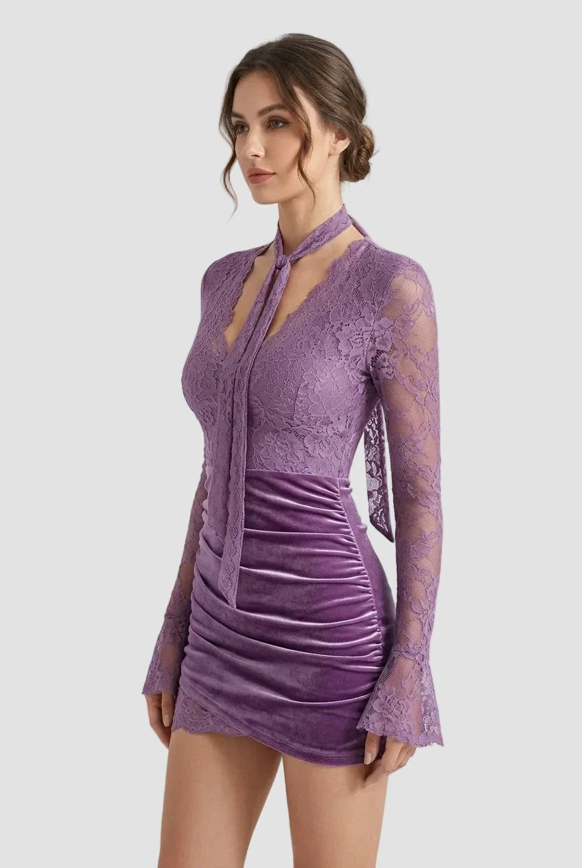 Women's V-Neck Lace Patchwork Mini Dress | Slim Fit Bodycon Party Gown