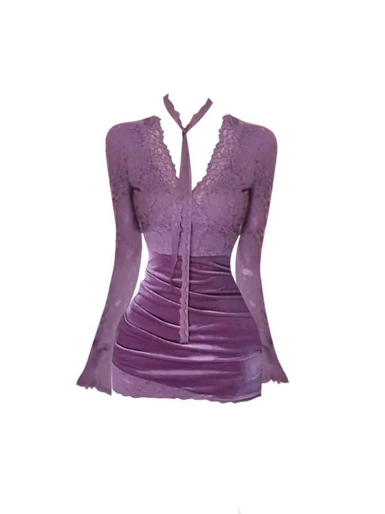 Women's V-Neck Lace Patchwork Mini Dress | Slim Fit Bodycon Party Gown