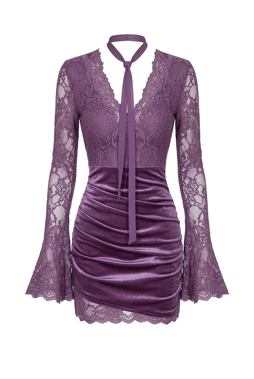 Women's V-Neck Lace Patchwork Mini Dress | Slim Fit Bodycon Party Gown