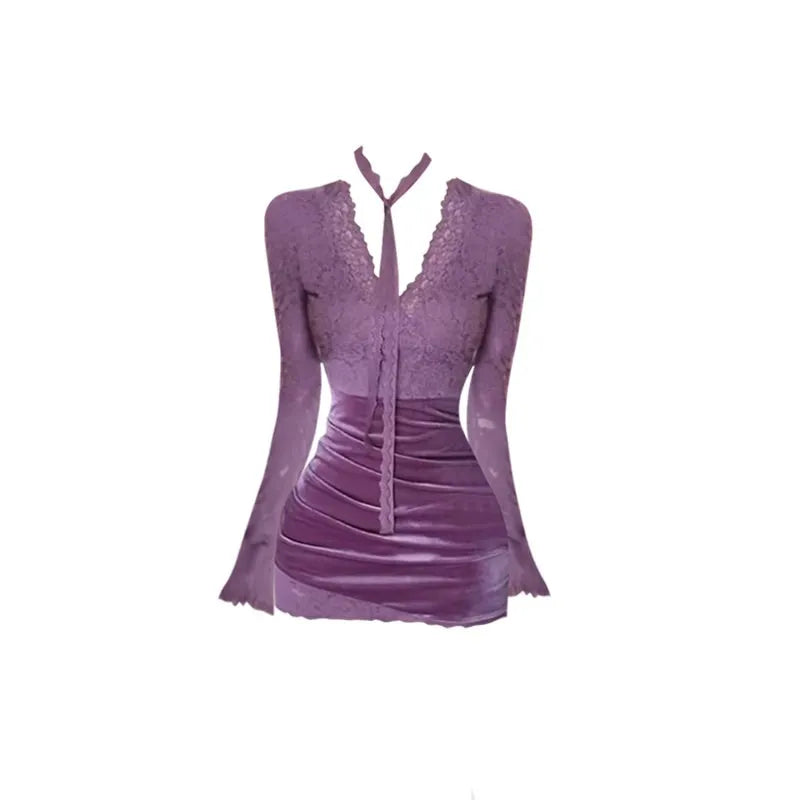 Women's V-Neck Lace Patchwork Mini Dress | Slim Fit Bodycon Party Gown