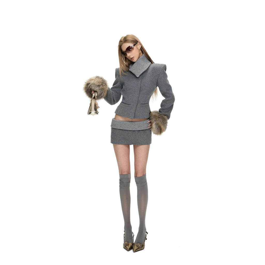 Women's Woolen Zip Up Coat and Mini Skirt Set